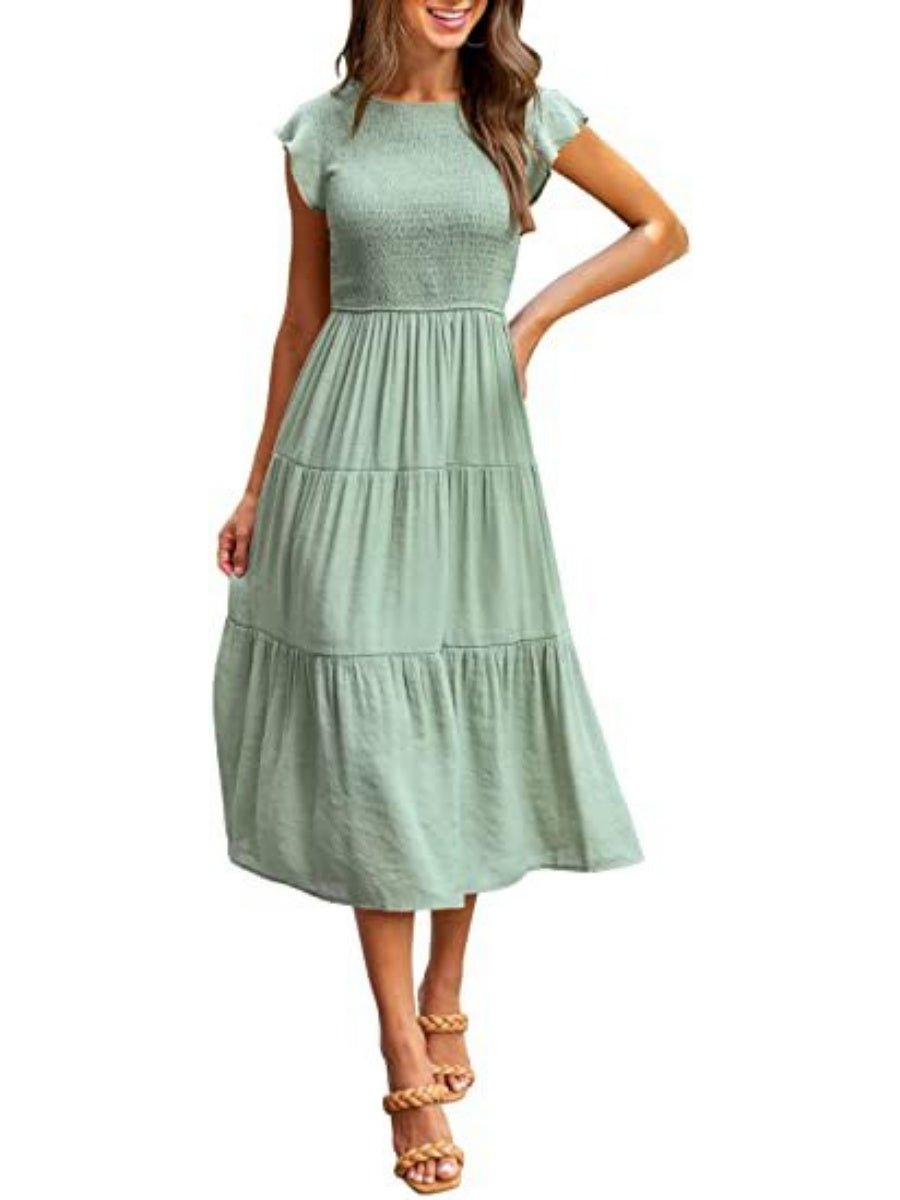 Solid Color Ruched Layered Short-sleeved Maxi Dress
