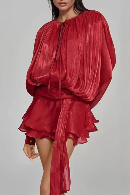 Margovil Lantern Long Sleeves Draped Ruffle Layered Mini Dress with Shorts