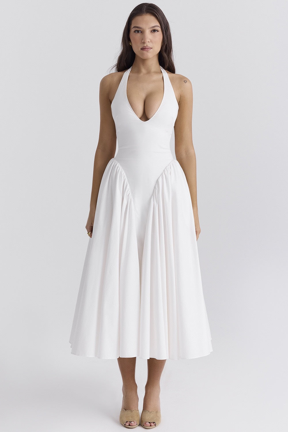 Halter Plunge V-Neck Dropped Waist Gathered Full Skirt Pocket Midi Dress
