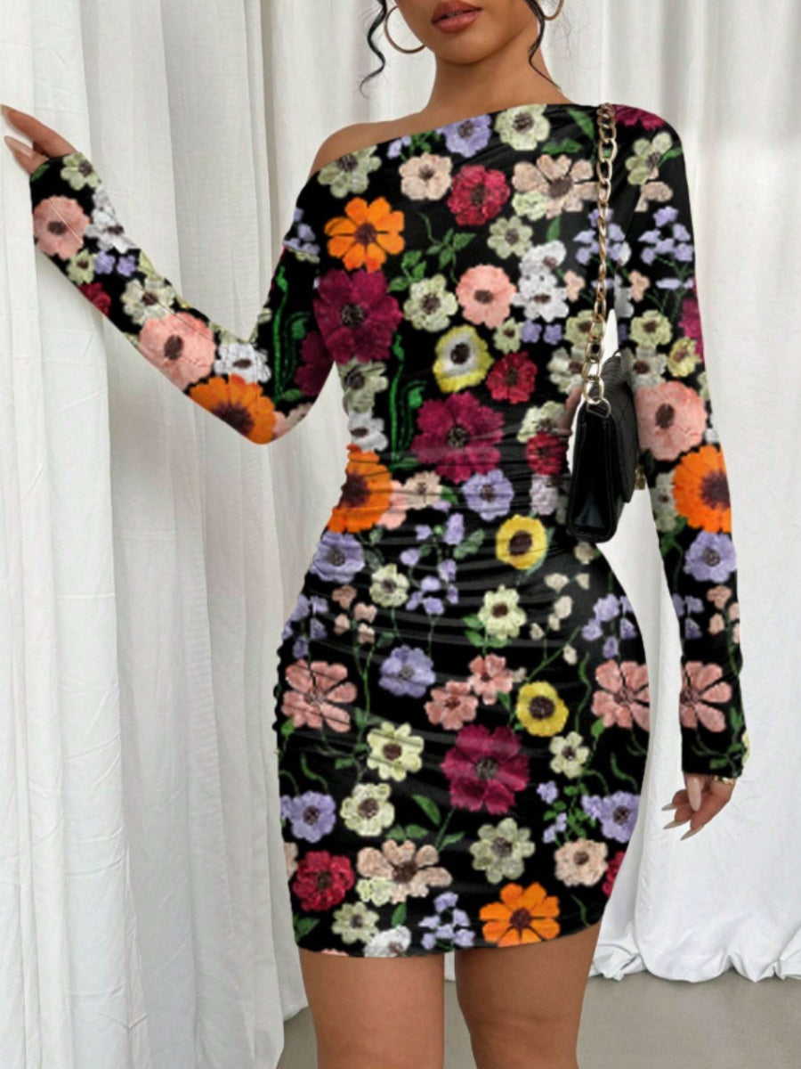 Pleated Slim-fit Hip-hugging Slant Collar Printed Mini&Short Dresses
