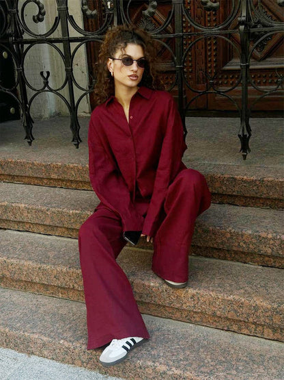 Loose-fitting Long-sleeved Shirt And Casual Trousers Two-piece Set