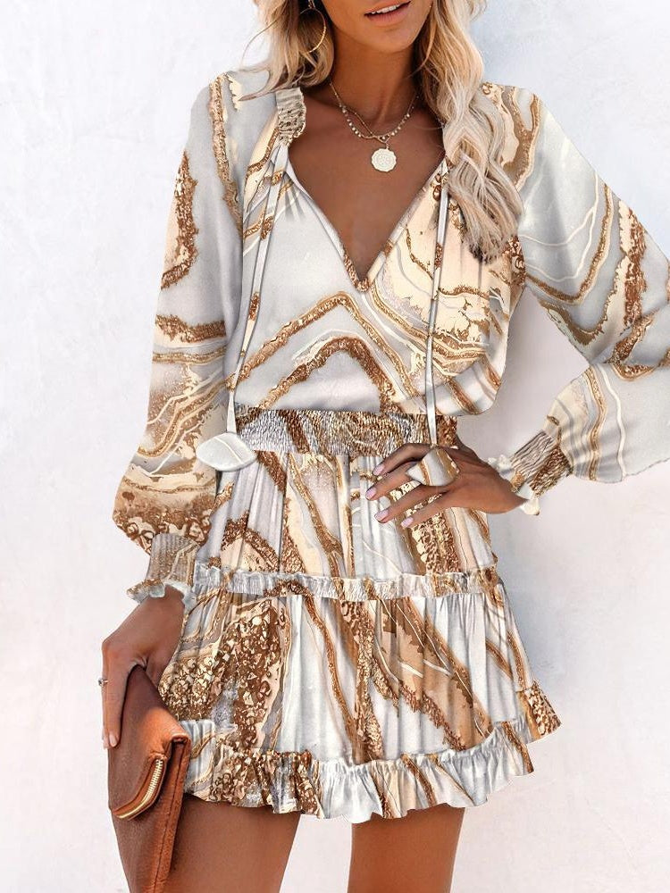 Long-sleeved V-neck Fashion Print Fitted Waist Short Dress