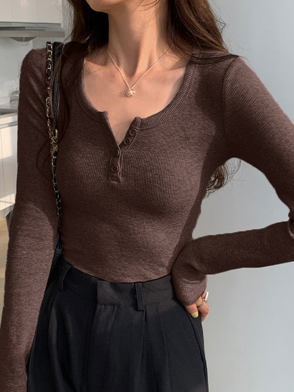 Solid Color Rib High Elastic Breasted Long Sleeve Knit