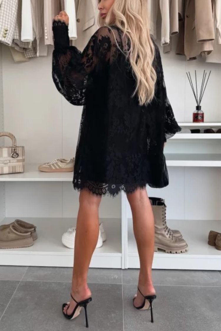 Lace Pussy Bow Tie Neck Balloon Sleeve Button Cuff Babydoll Mini Dress