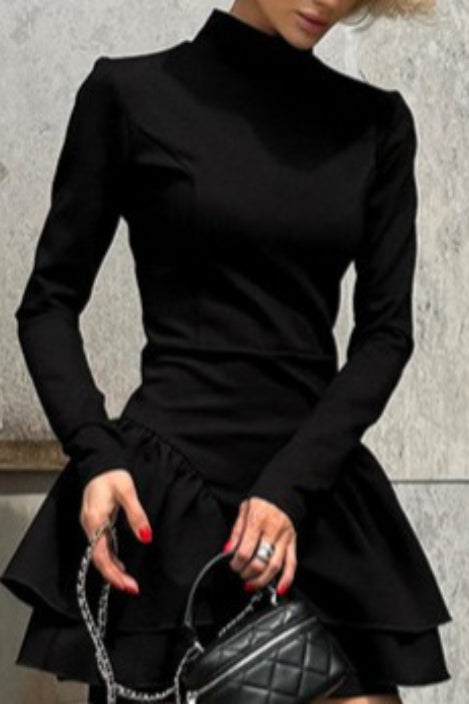 Mock Neck Long Sleeve Tiered Ruffle Hem Mini Dress