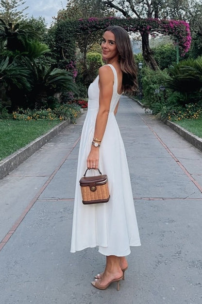 Square Neck Wide Strap Sleeveless Full Skirt Midi Dress