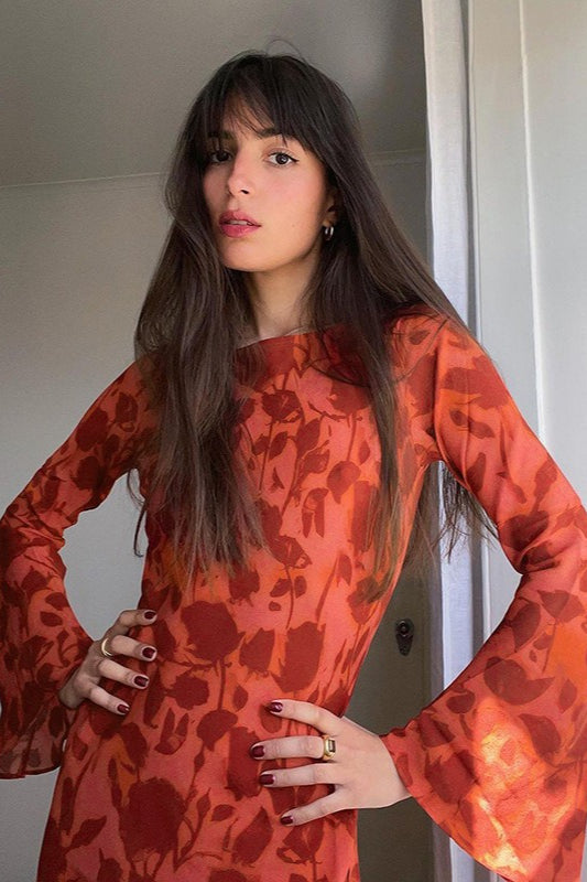 Round Neck Bell Cuff Abstract Floral Print Bodycon Maxi Dress