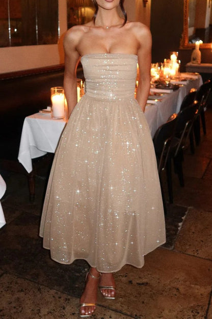 Glitter Mesh Strapless Ruched Fit-and-Flare Pocket Midi Dress