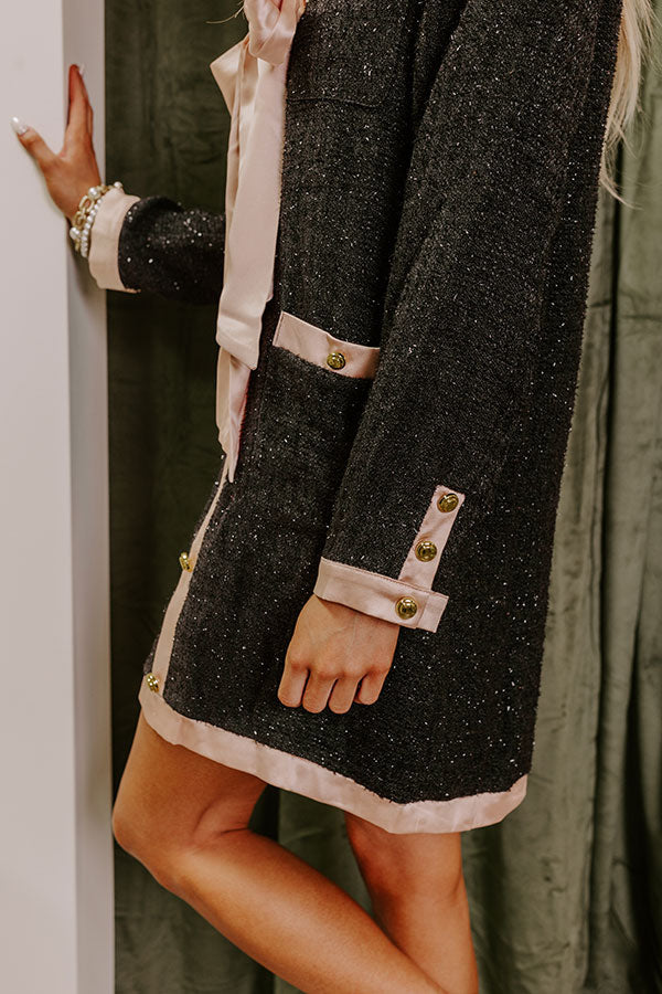 Tweed Satin Bow Trim Metal Button Patch Pocket Long Sleeve Mini Dress