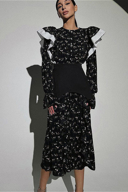 Removable Belt Long Sleeve Casual Floral Dress