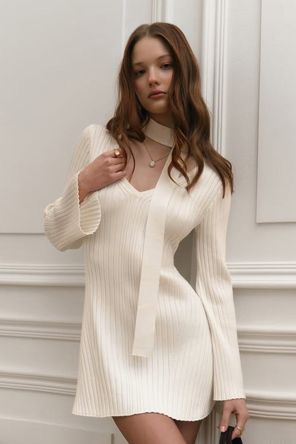 Rib Knit Choker Tie Deep V Neck Bell Cuff Long Sleeve Mini Dress