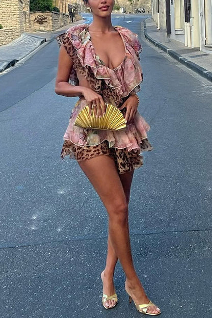 Dreamy Island Floral Leopard Print Cutout Waist Tiered Ruffles Mini Dress