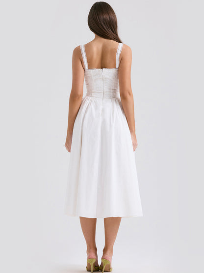 White Corset Dress Cutout Wide Strap Lace Trim Backless Party Midi Dresses