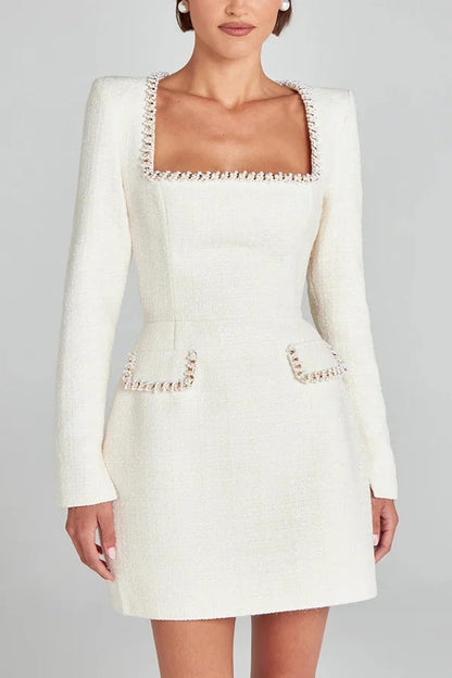 Tweed Square Neck Pearl Trim Long Sleeve Mini Dress