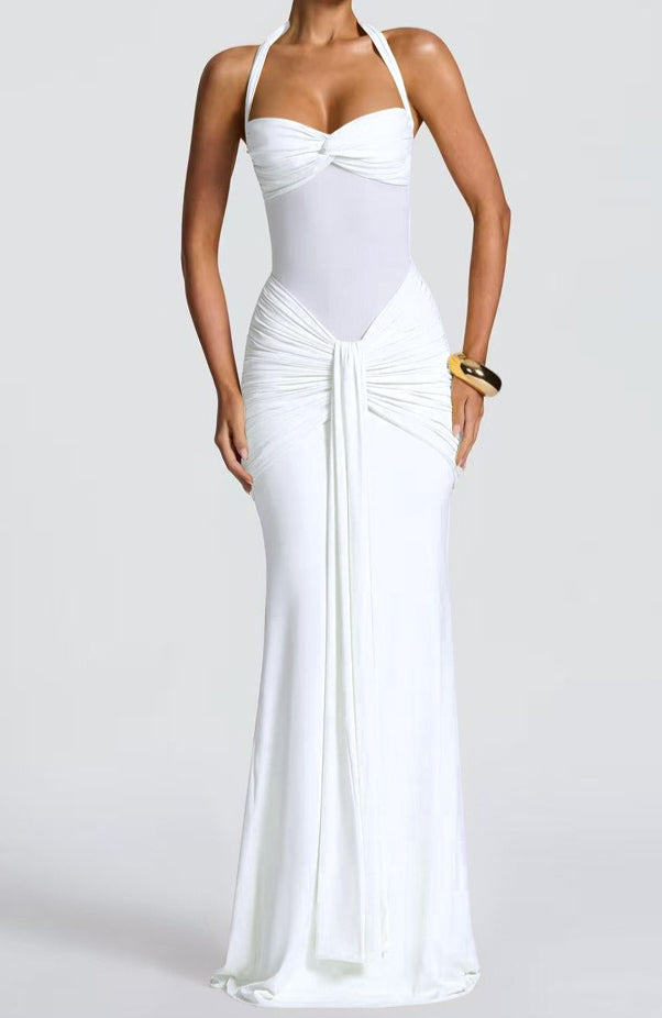 Halter Sweetheart Ruched Mesh Panel Cutout Front Drape Maxi Dress