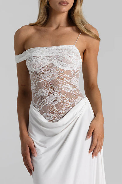 Sexy See-Through Lace Suspender Slim Slit Maxi Dress
