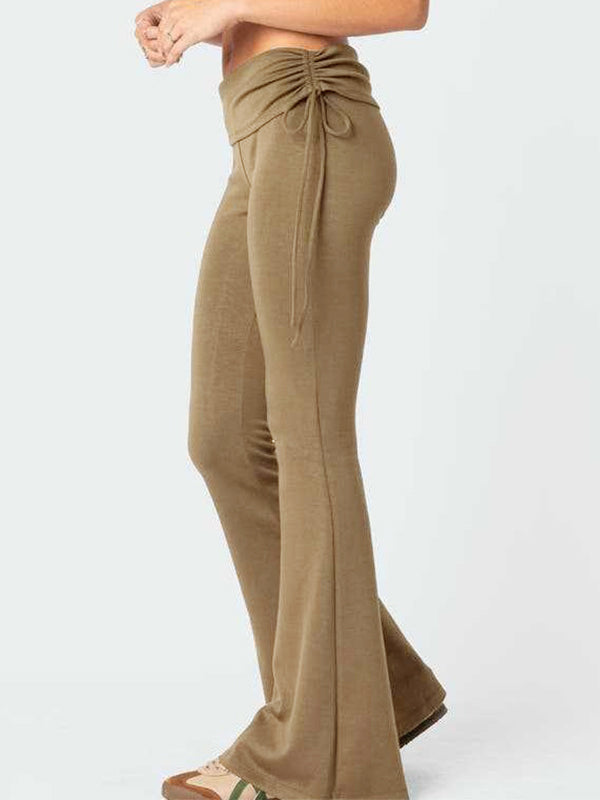 Solid Ruched Drawstring Flare Leg Pants