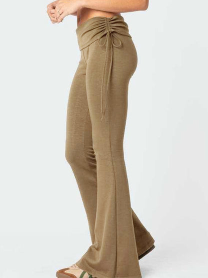 Solid Ruched Drawstring Flare Leg Pants