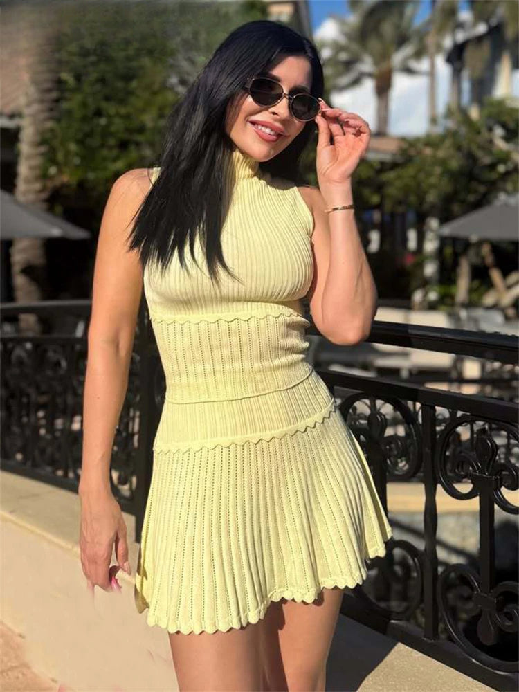 Knitted Pleated Wrap Skirt Two Piece Set