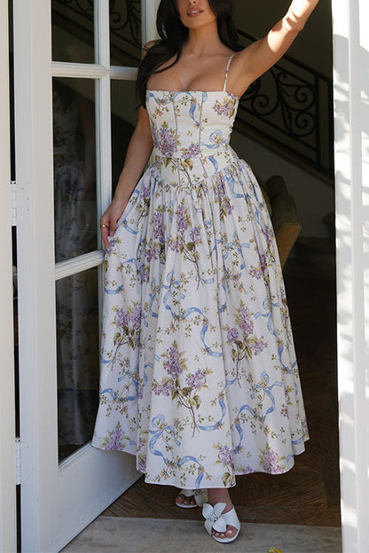 Spaghetti Strap Floral Print Bustier A-line Maxi Dress