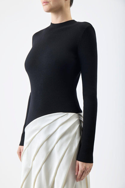 Round Neck Long Sleeve Splicing  Midi Dress