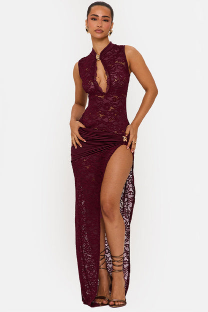 Floral Lace Mandarin Collar Keyhole Sash Wrap High Split Maxi Gown