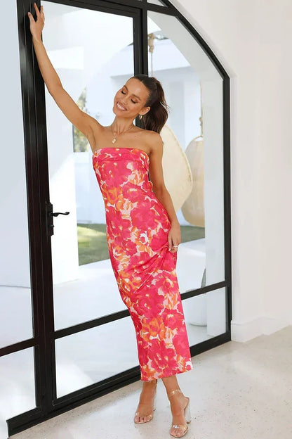 Strapless Foldover Neck Floral Print Tube Bodycon Maxi Dress