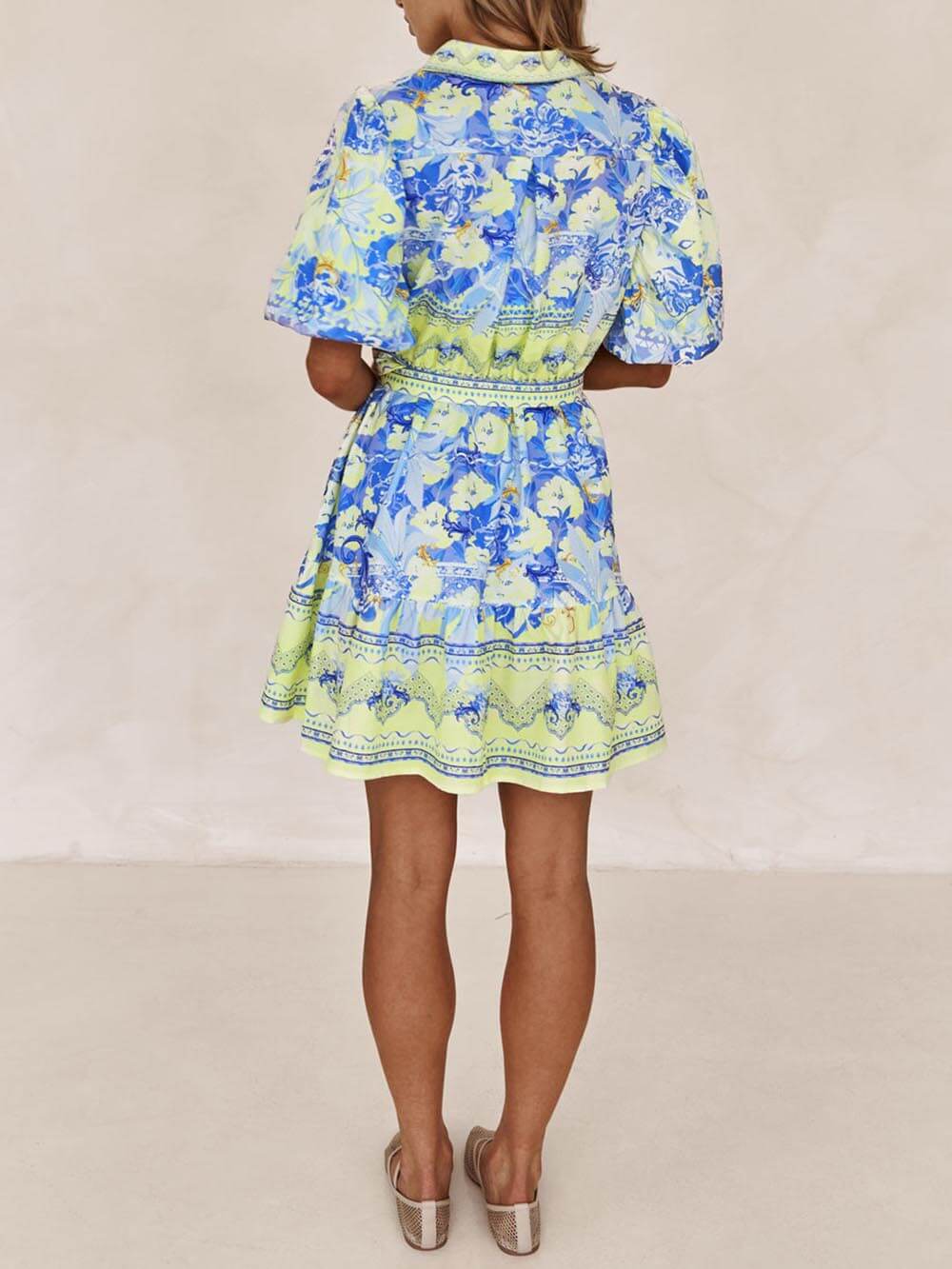 Floral Fantasy - Blue and Yellow Floral Print Mini Dress
