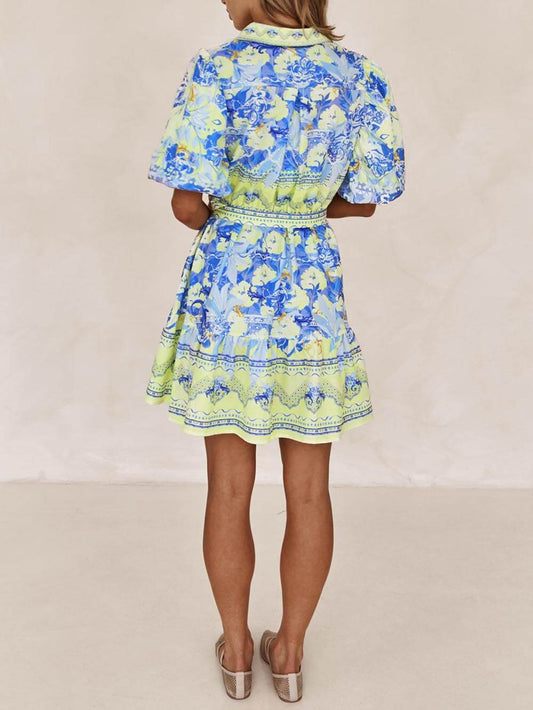 Floral Fantasy - Blue and Yellow Floral Print Mini Dress