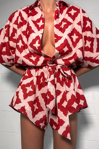 Porticia Linen Blend Unique Print Button Belted Loose Shirt Romper