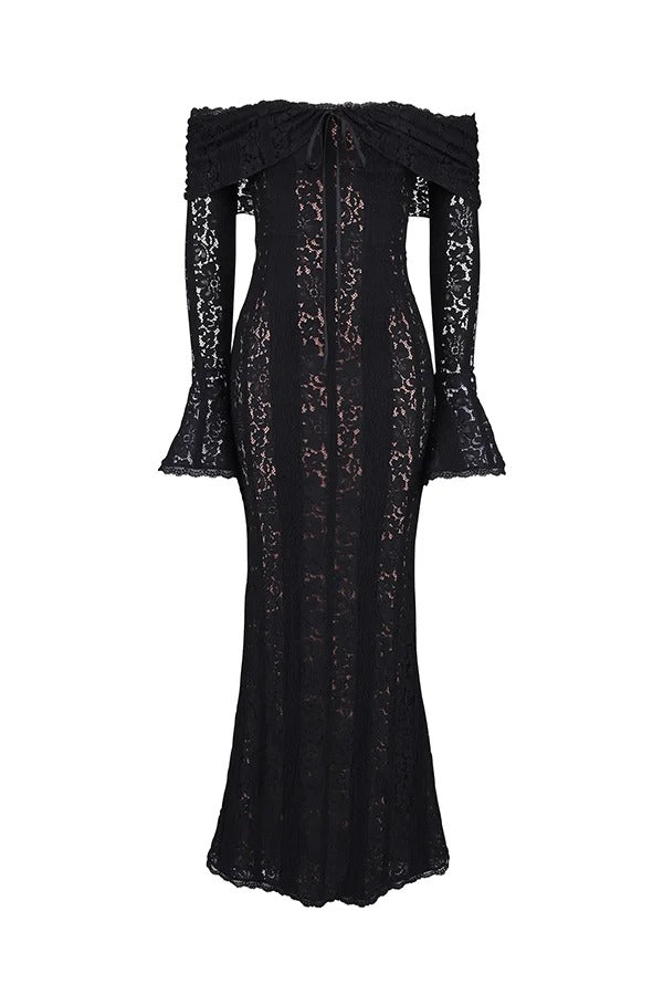 Floral Lace Off Shoulder Bell Sleeve Mermaid Maxi Dress