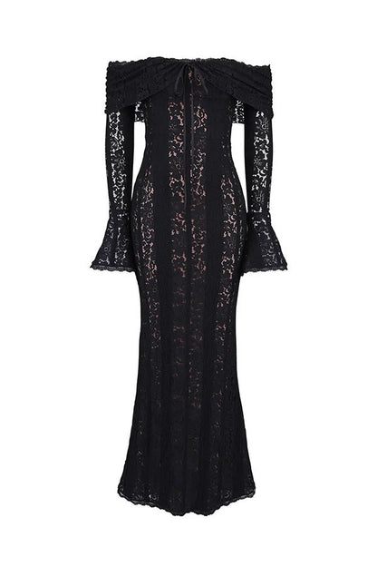 Floral Lace Off Shoulder Bell Sleeve Mermaid Maxi Dress