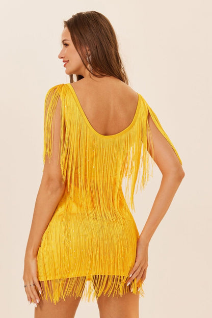 Sequin Tiered Fringe Deep V-Neck Sleeveless Mini Dress