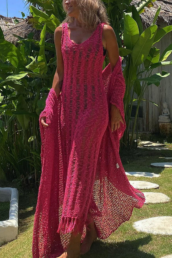Sun Kissed Dreams Hollow Out Tassel Knit Beach Midi Dress