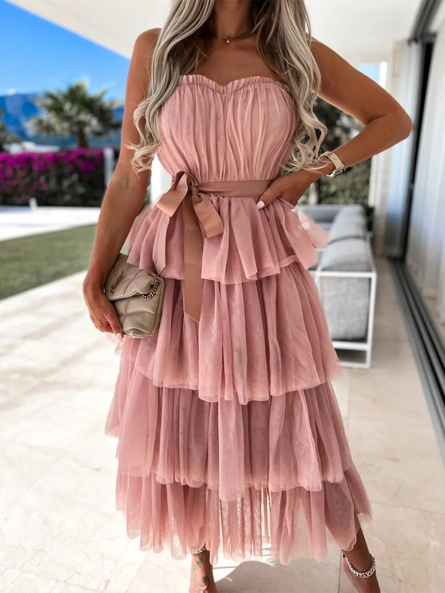 Tulle Ruffles Dress Off The Shoulder Layered Belted Party Maxi Dresses