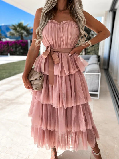 Tulle Ruffles Dress Off The Shoulder Layered Belted Party Maxi Dresses