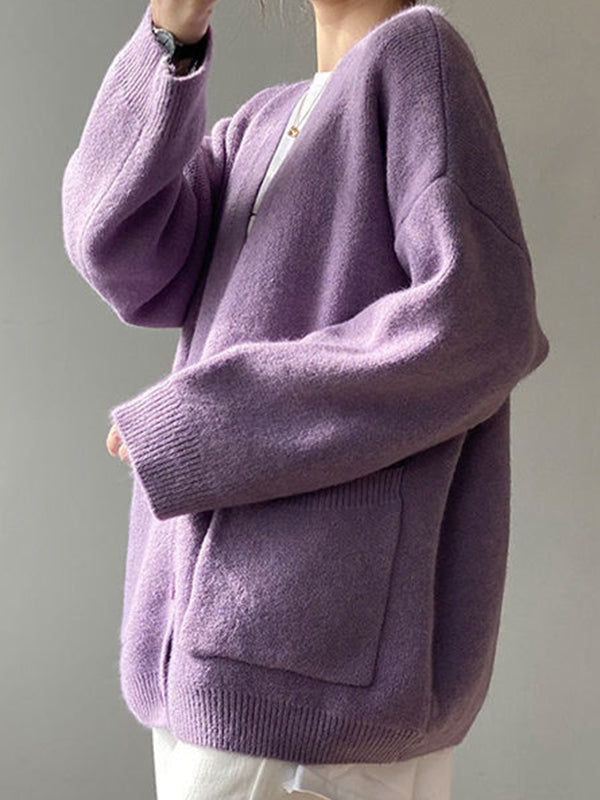 Solid V Neck Breasted Knit Cardigan