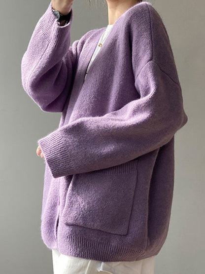 Solid V Neck Breasted Knit Cardigan