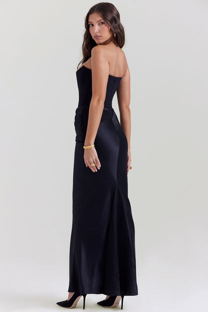 Black satin strapless gown