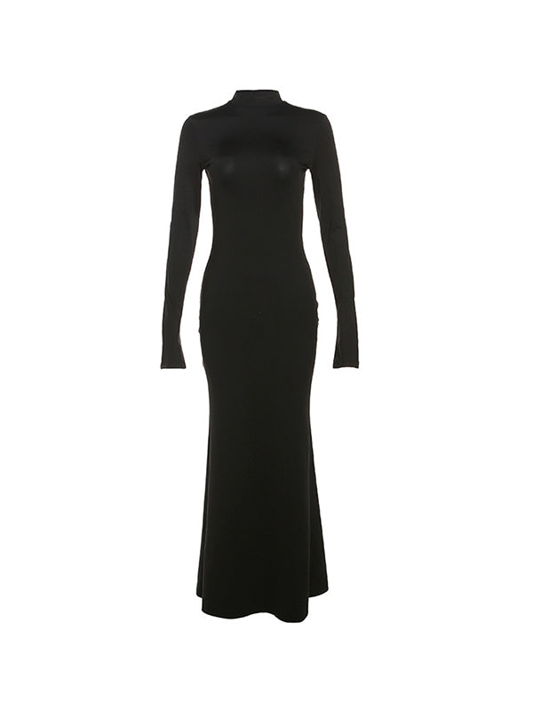 Solid Crew Neck Backless Long Sleeve Maxi Dress