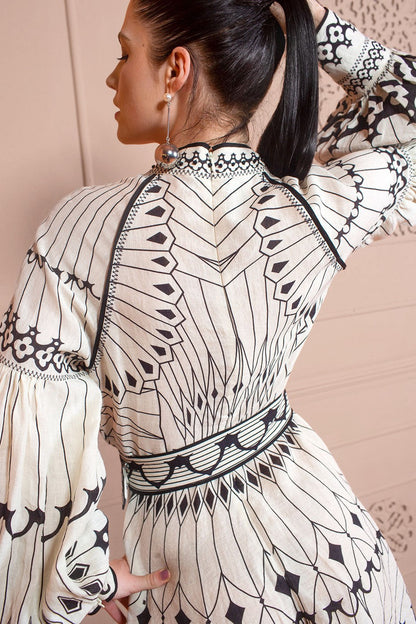 Geometric Patterns Button Long Sleeve Mini Dress With Belt