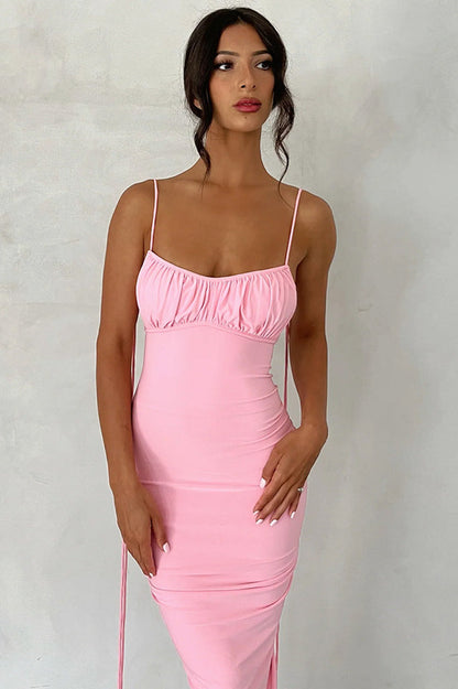 Deep V Back Tie Strap Ruched Gathered Back Bodycon Maxi Dress