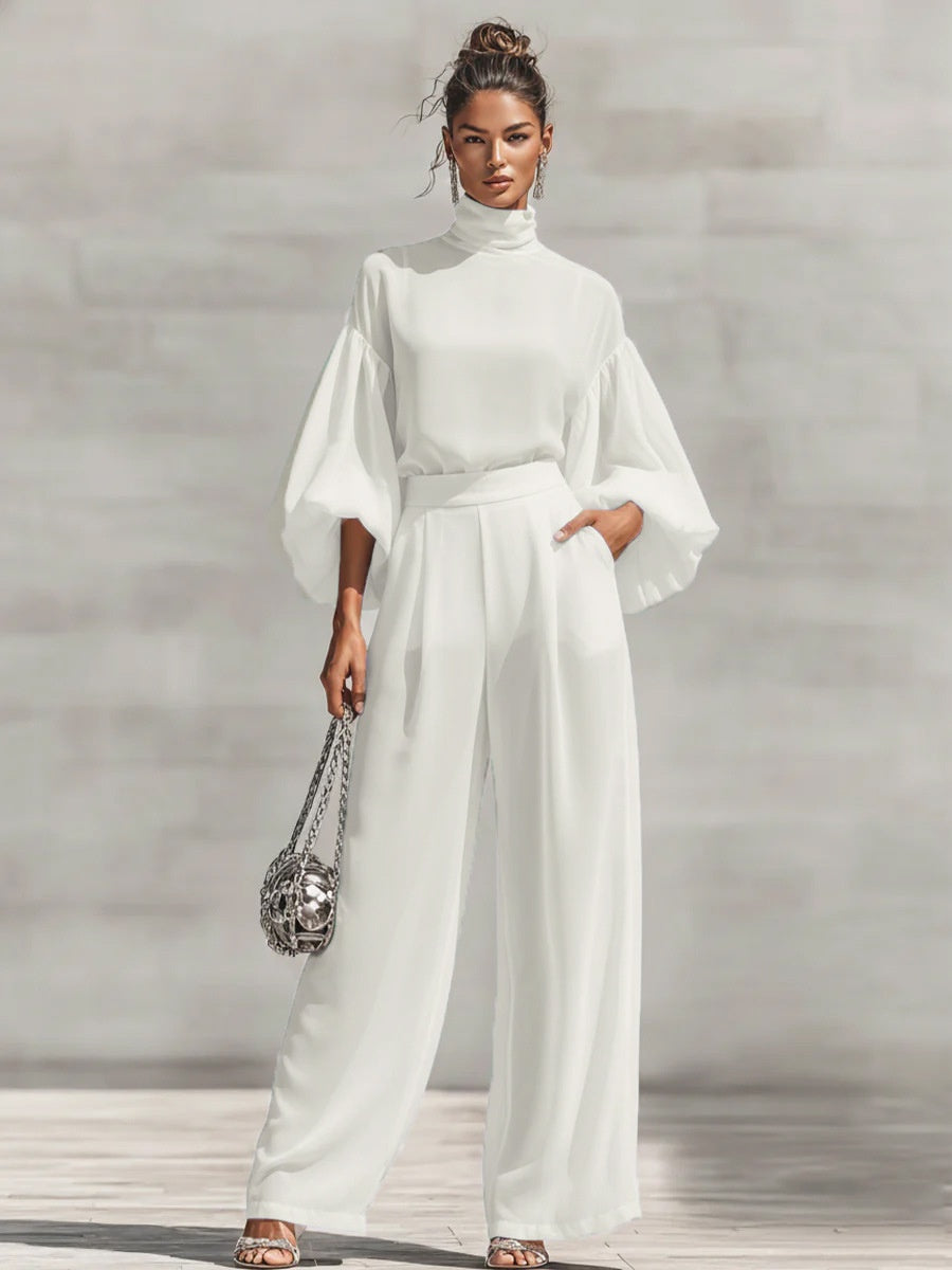 Chiffon Stand-up Collar Puff Sleeve High-waisted Draped Wide-leg Pants Two-piece Set