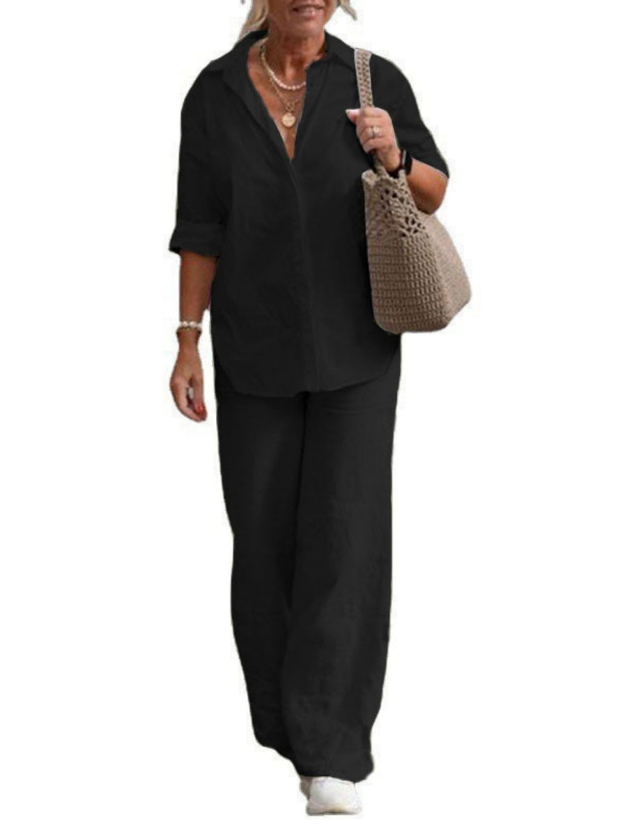 Collared Long-sleeved Shirt And Casual Solid Color Wide-leg Pants Two-piece Set For Spring And Autumn