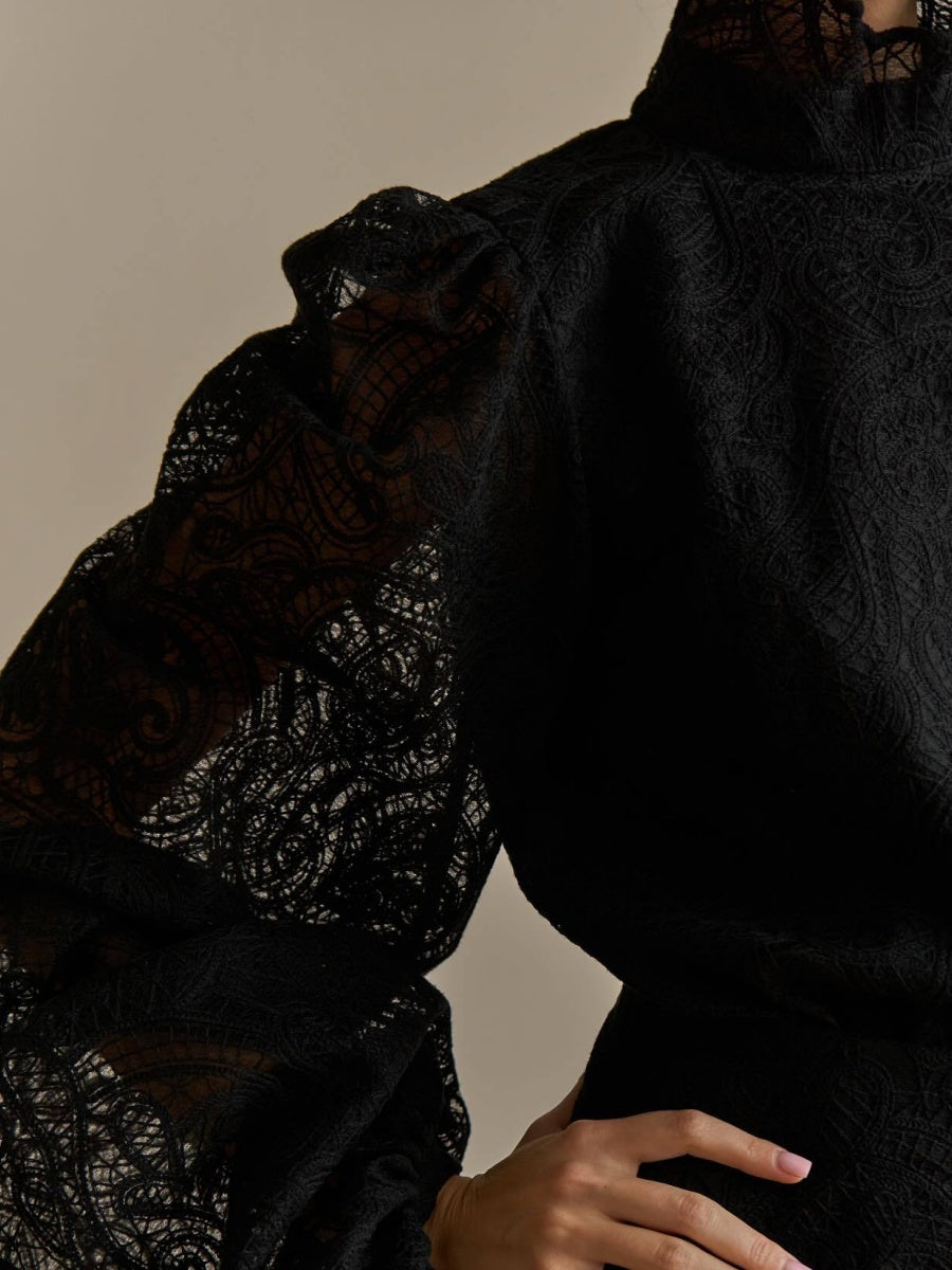 Lantern Sleeve High Neck Lace Two-piece Set