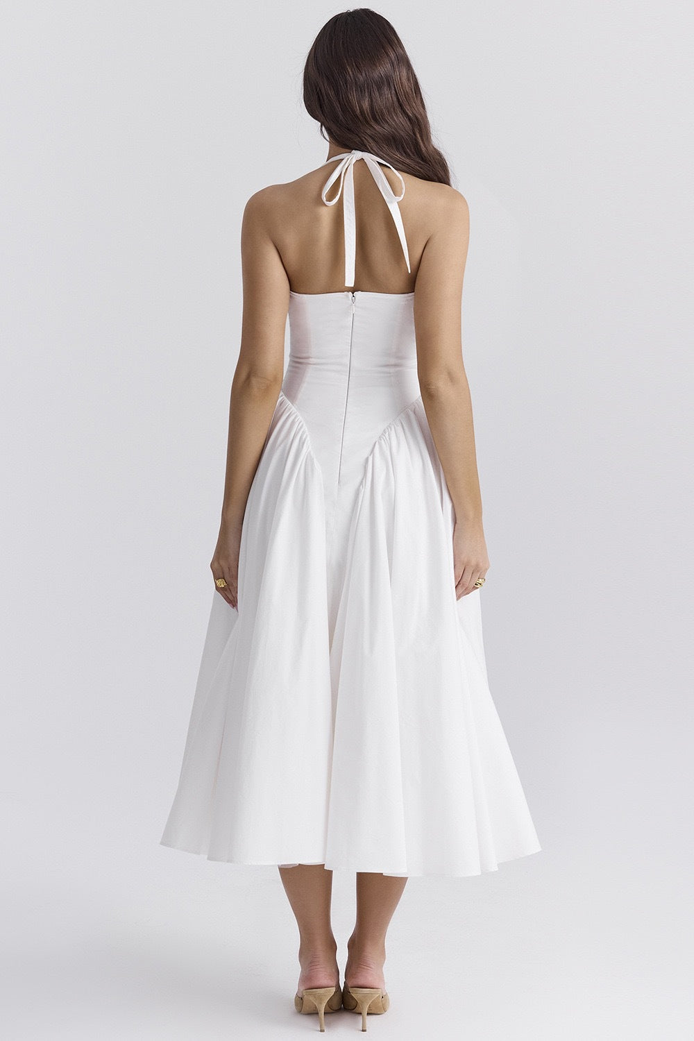 Halter Plunge V-Neck Dropped Waist Gathered Full Skirt Pocket Midi Dress