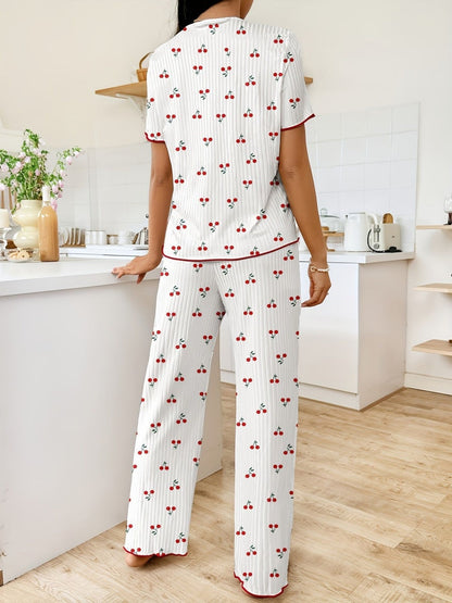 Heart-print V-neck Short-sleeved Trousers Loungewear Set