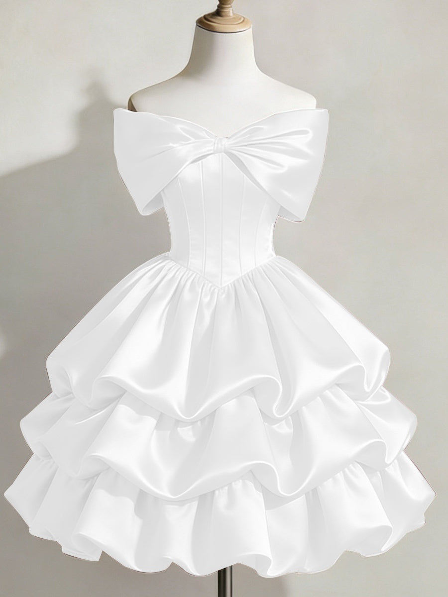 Satin Off-shoulder Bow Design Multi-layered Short Dress