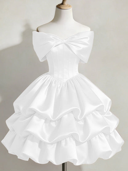 Satin Off-shoulder Bow Design Multi-layered Short Dress