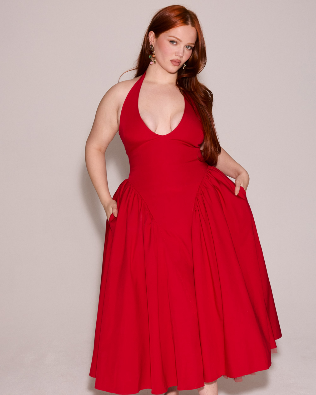 Halter Deep V Drop Waist Gathered Pleated Midi Dress